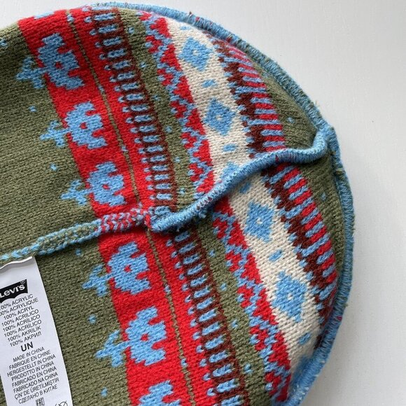 Levi's Flower Knit Foldover Beanie Powder Blue Nordic Unisex One Size OS Pom Pom - Picture 8 of 13